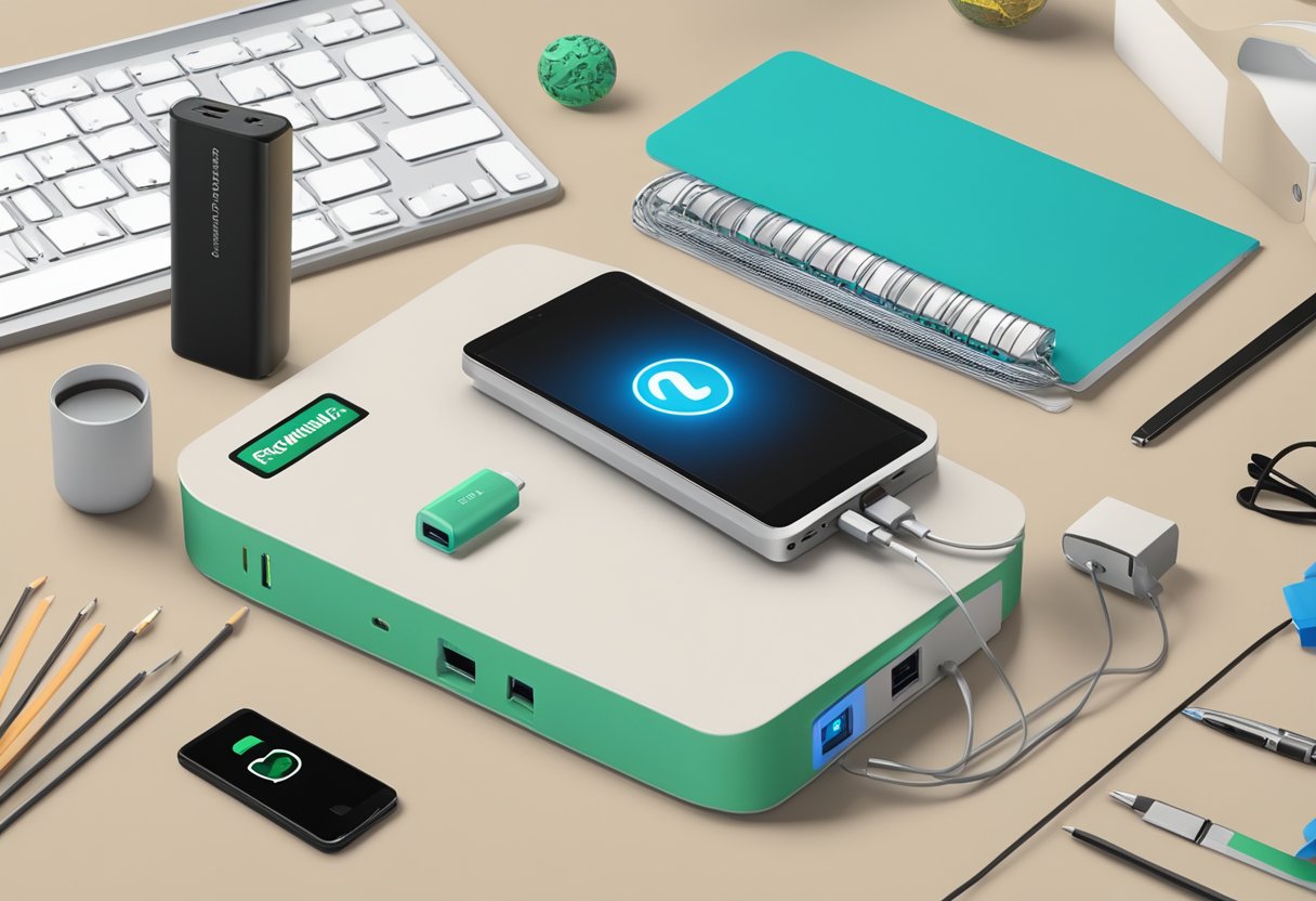 A powerbank with "Frequently Asked Questions" logo sits on a desk, surrounded by office supplies