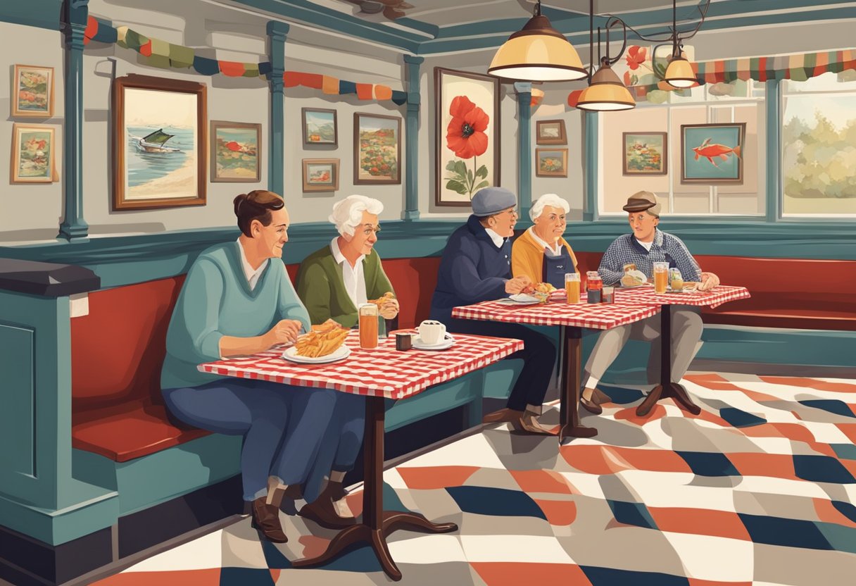 Customers enjoying Poppies Fish & Chips in a cozy, vintage-style restaurant with checkered tablecloths and traditional British decor