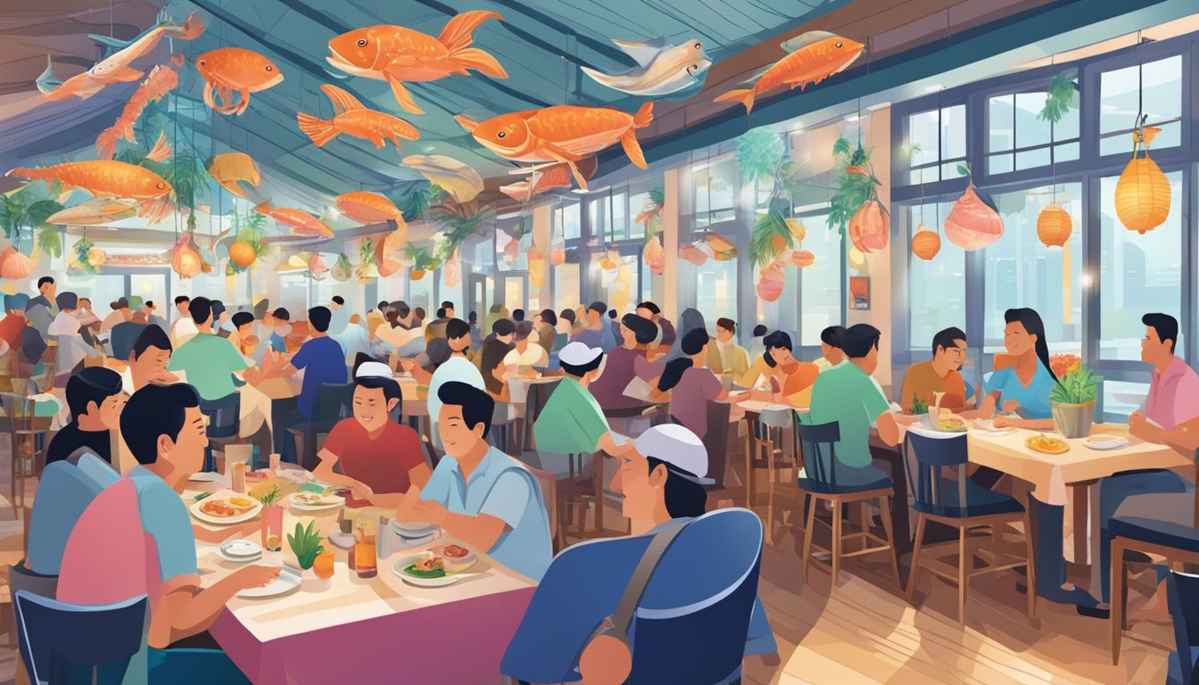 A bustling seafood restaurant in Singapore, with colorful decor and a lively atmosphere. Tables filled with happy diners enjoying fresh seafood dishes