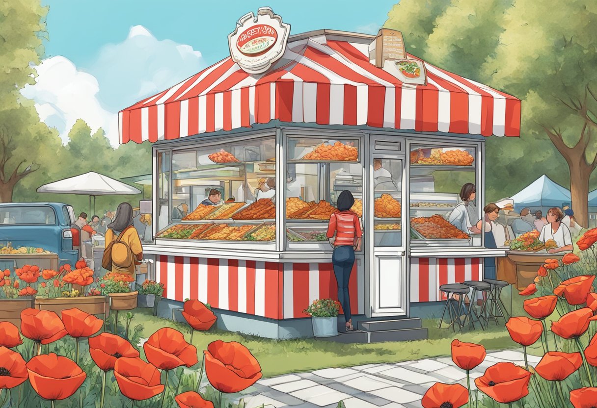 A red and white striped fish & chips stand surrounded by vibrant poppy flowers. The aroma of fried food wafts through the air as customers line up for a taste