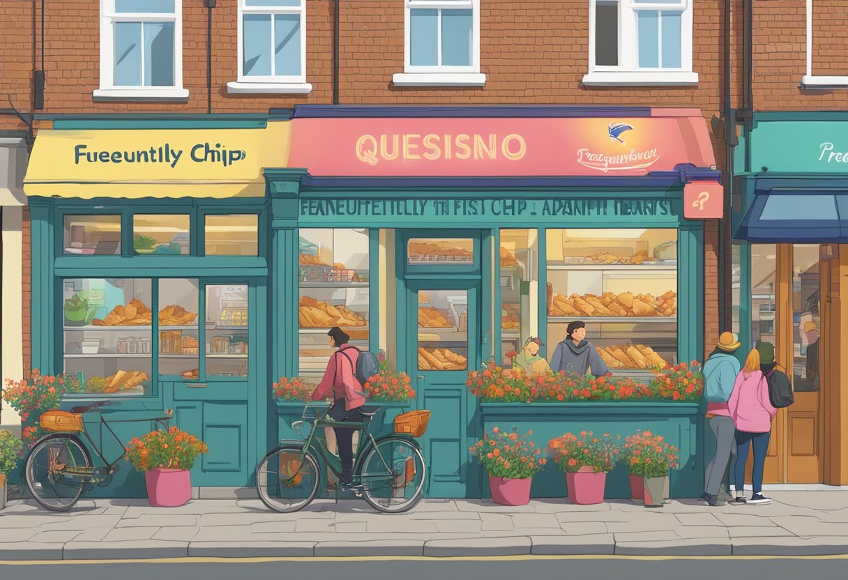 A bustling fish & chip shop with a line of customers, a colorful sign reading "Frequently Asked Questions," and vibrant poppy flowers in the foreground