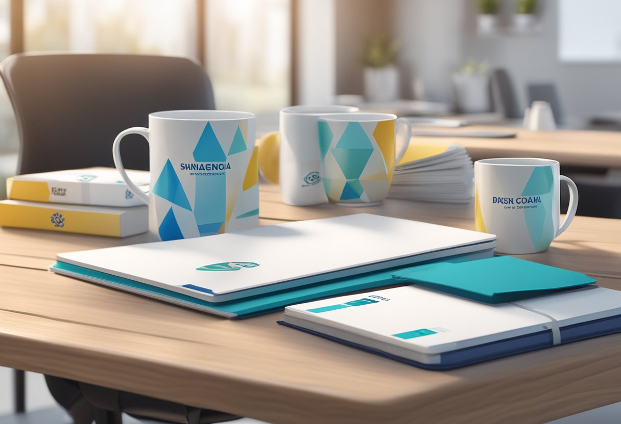 A table with branded gift boxes, logoed mugs, and personalized notebooks. A banner with the company's name hangs in the background