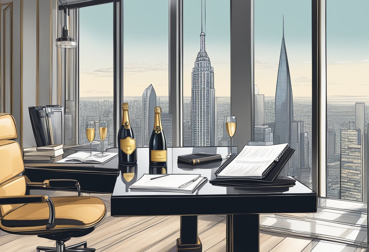 A sleek office desk adorned with expensive pens, leather-bound notebooks, and a bottle of premium champagne. The backdrop features a panoramic view of a bustling city skyline