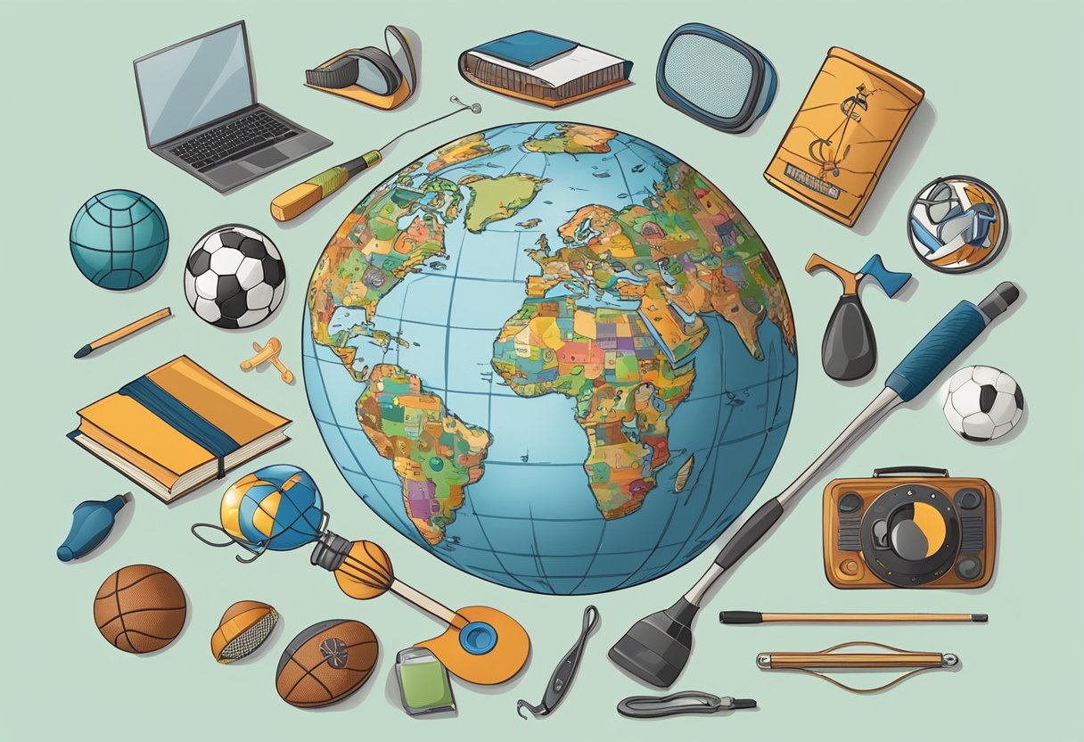 A globe surrounded by diverse symbols of male hobbies and interests, such as sports equipment, tools, books, and technology gadgets