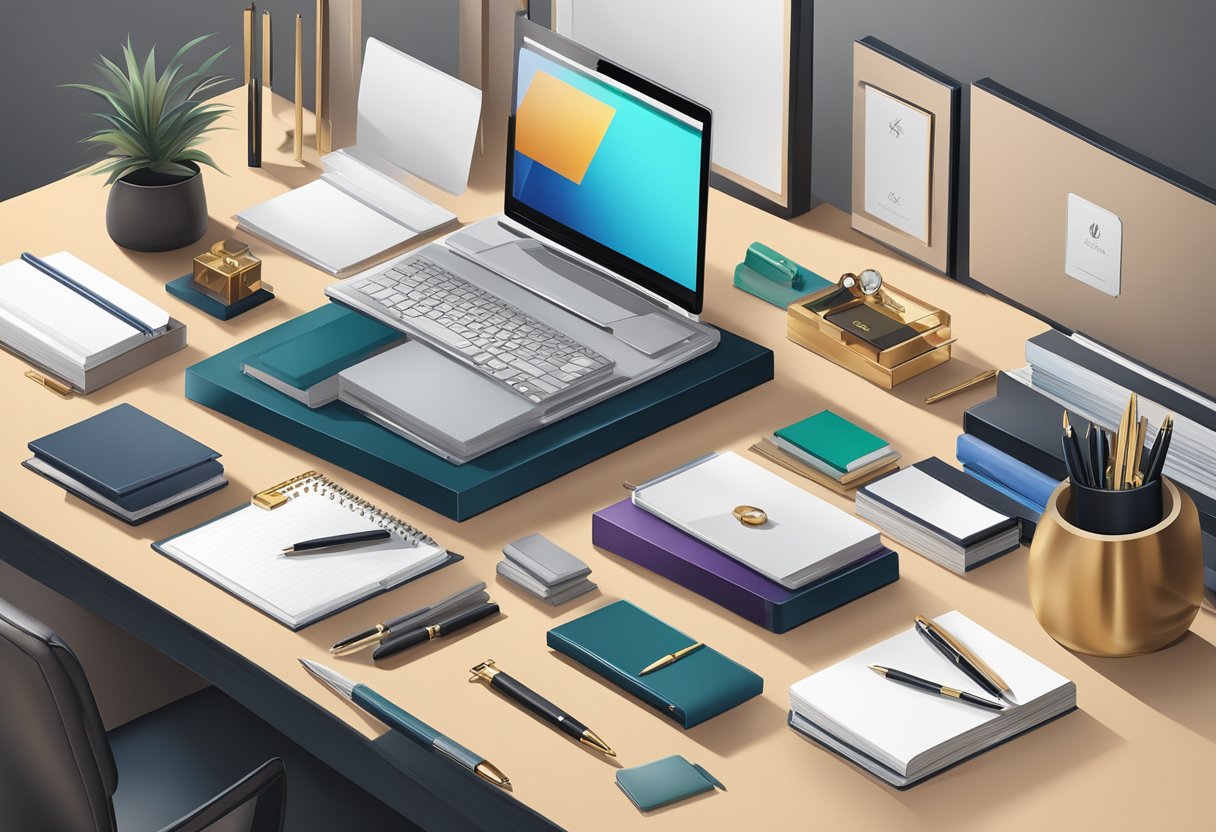 A sleek, modern office desk adorned with an array of high-end corporate gifts, including luxury pens, leather-bound notebooks, and elegant desktop accessories