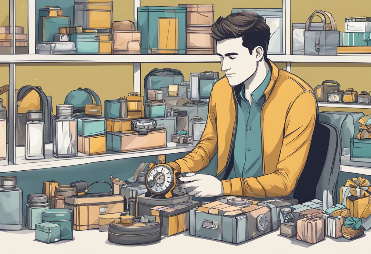 A man browsing through a variety of gift options, including watches, grooming kits, and gadgets, with a thoughtful expression on his face
