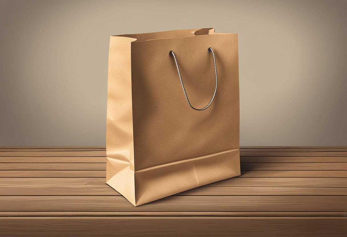 A kraft paper bag sits on a rustic wooden table. The bag is slightly crumpled and has a simple, natural design
