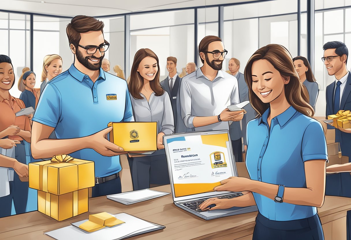 Employees receiving corporate gifts from a selection of branded items and personalized awards
