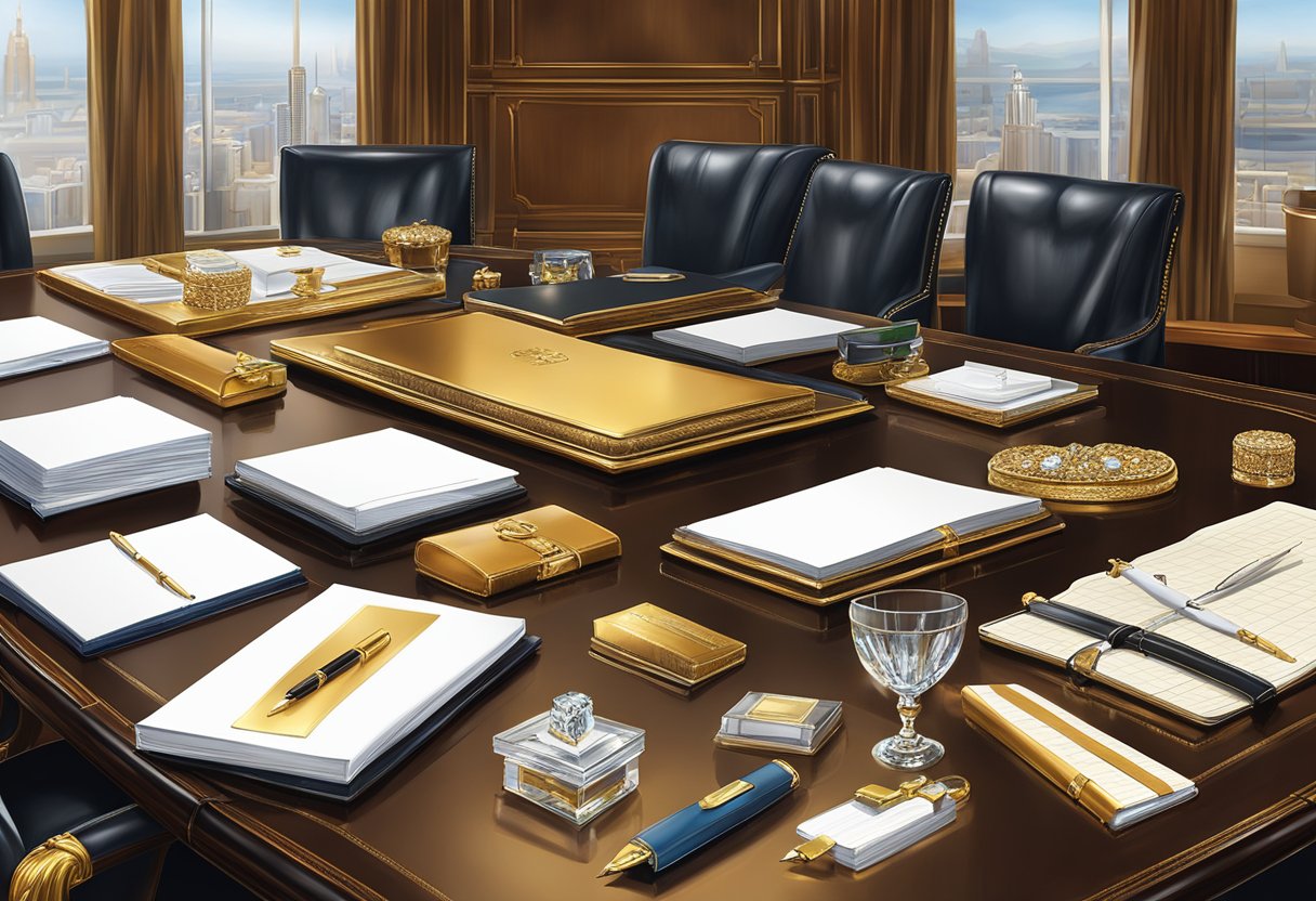 A lavish boardroom table adorned with high-end corporate gifts, including leather-bound notebooks, crystal paperweights, and gold-plated pens