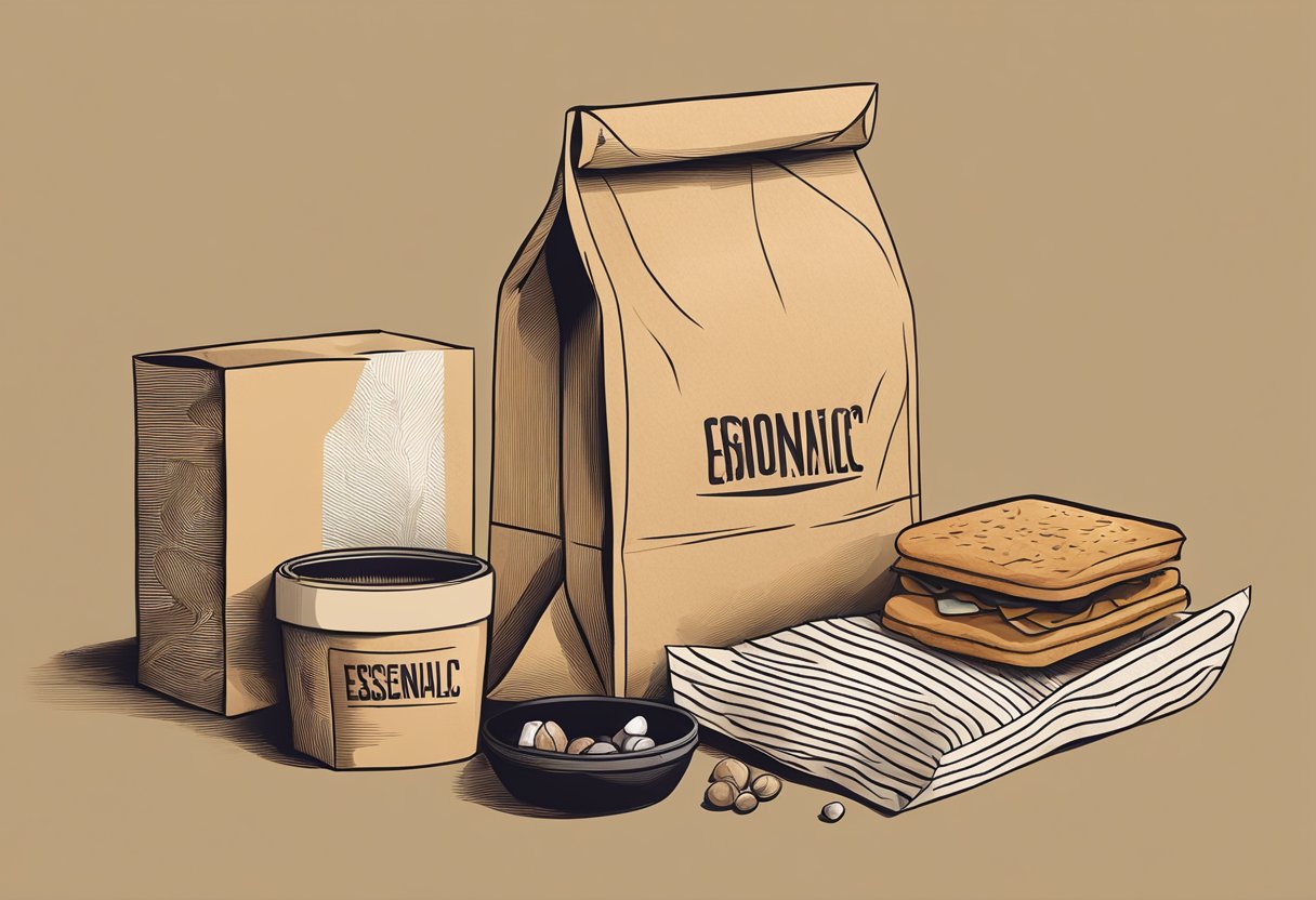 A kraft paper bag filled with essentials sits on a wooden table. The bag is slightly crumpled, with the top folded over and a few items peeking out