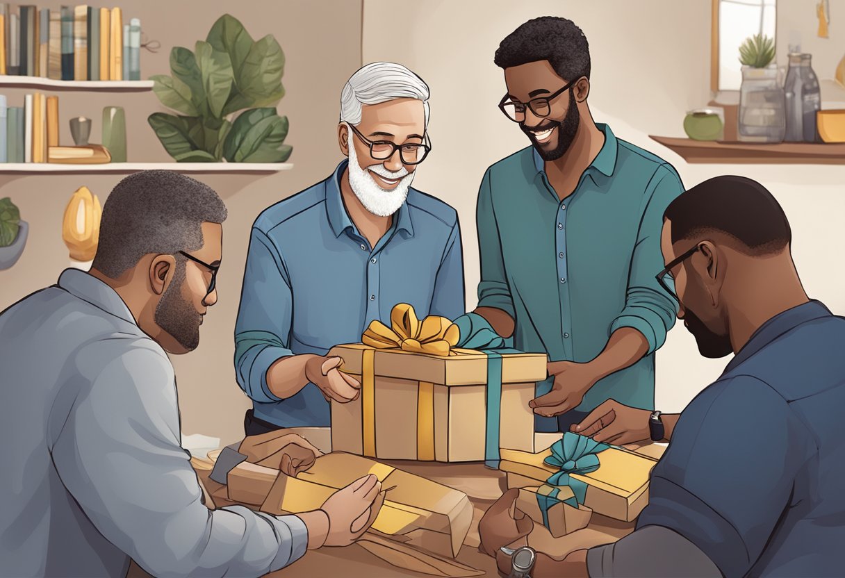 A diverse group of men exchanging thoughtful gifts, each personalized and meaningful. The gifts range from custom-made accessories to sentimental items, reflecting the importance of celebrating International Men's Day