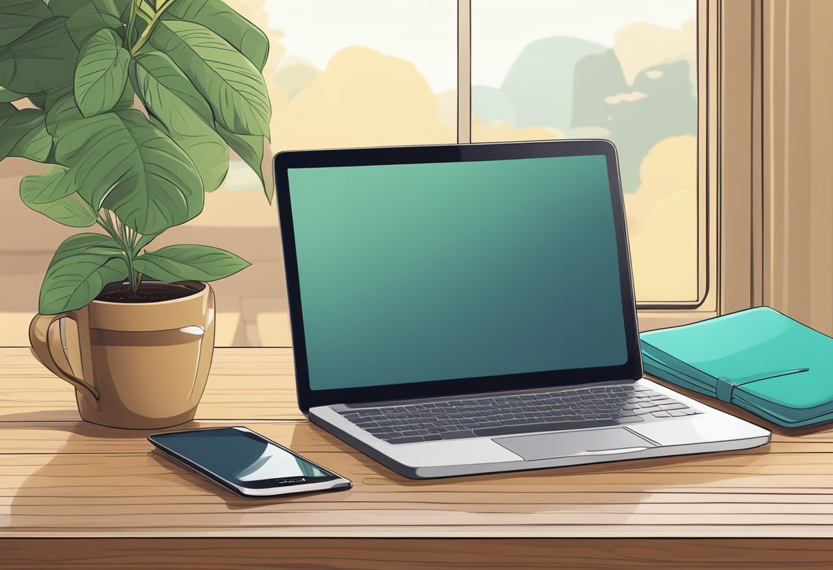 A laptop sleeve resting on a wooden desk next to a cup of coffee and a potted plant