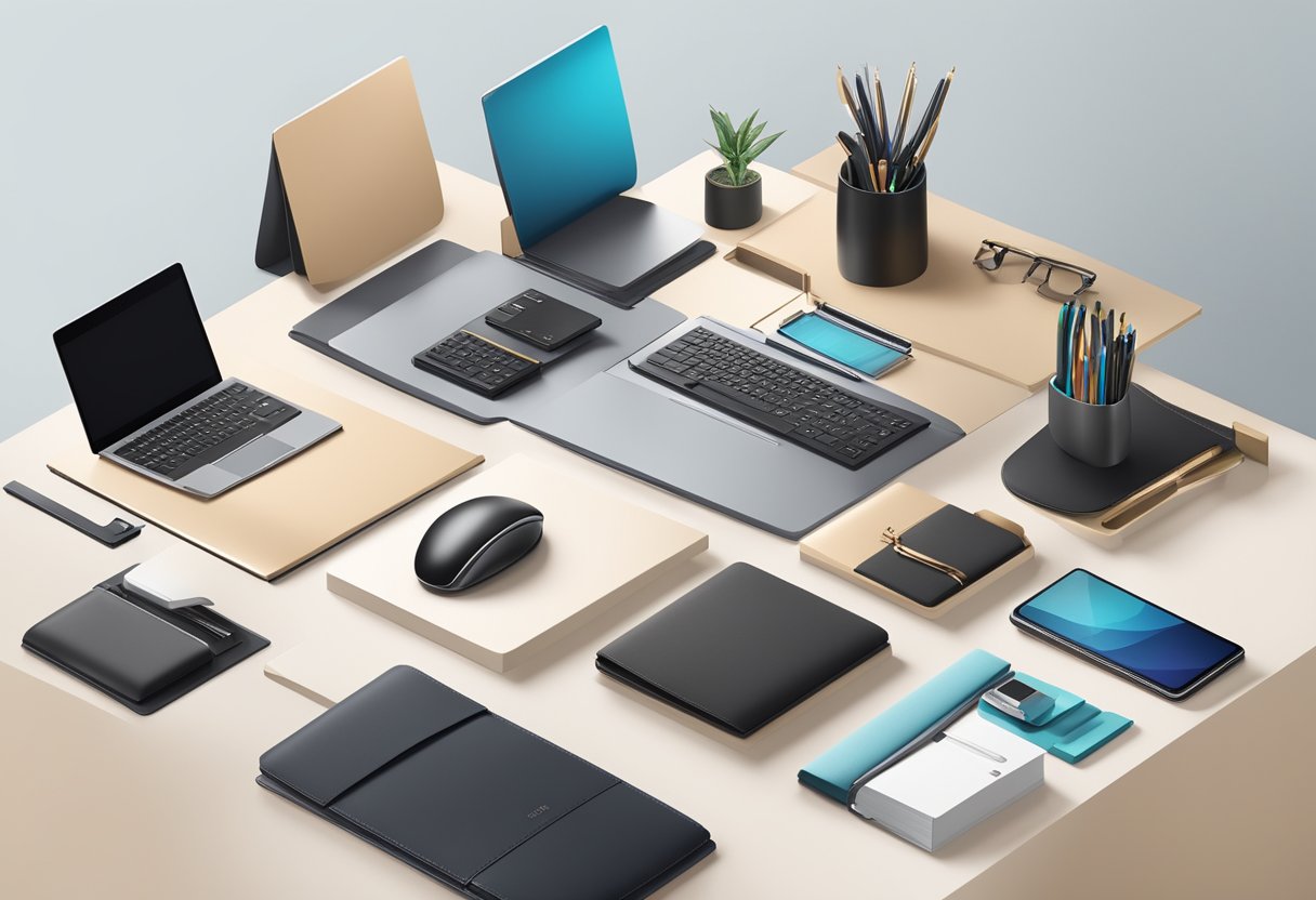 A sleek, modern office desk adorned with luxurious corporate gifts, including high-end tech gadgets, premium leather accessories, and elegant stationery sets