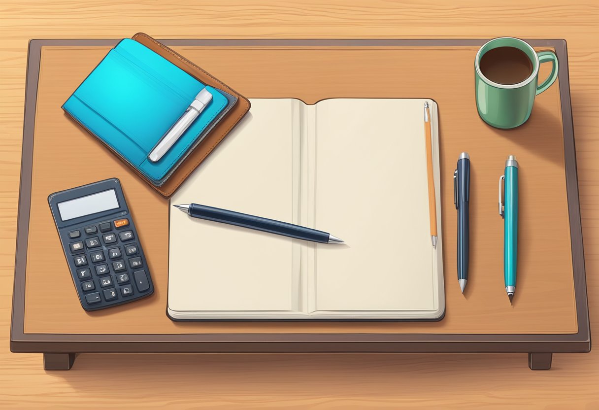 A leather desk pad lies flat on a wooden desk, with a pen and notebook placed neatly on top