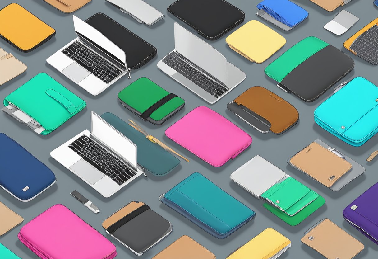 Laptop sleeves of various types and materials arranged on a table for display