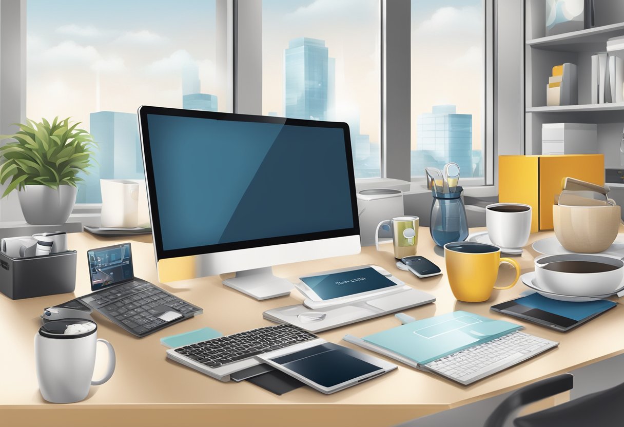 A table with various corporate gift items like personalized mugs, tech gadgets, and gift baskets displayed in a modern office setting