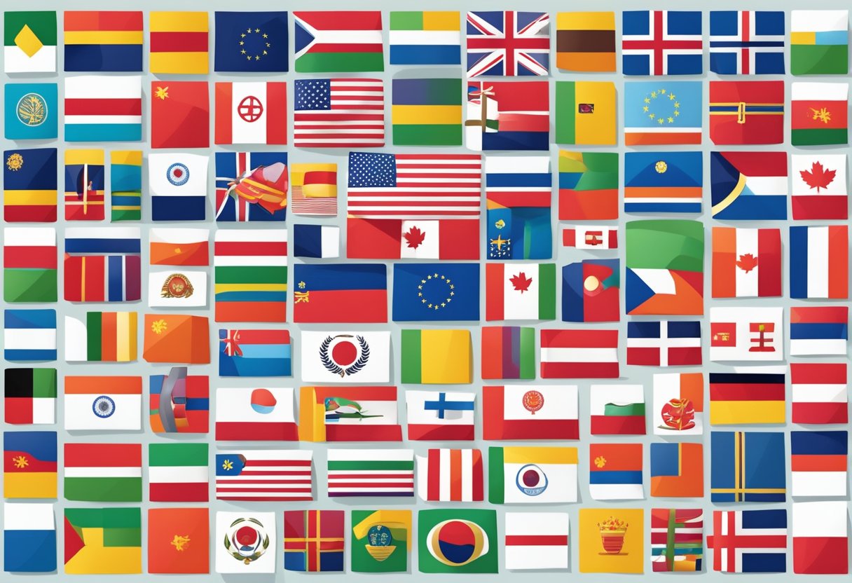 A diverse array of international flags surrounded by gift boxes and symbols of masculinity