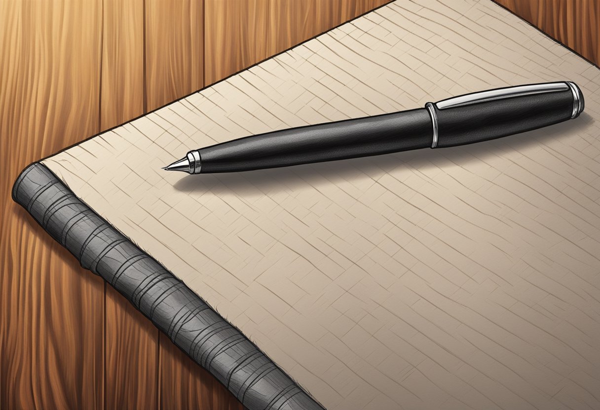 A leather desk pad lies on a wooden desk, with a pen and notebook resting on top. The texture of the leather is visible, and the edges are slightly worn