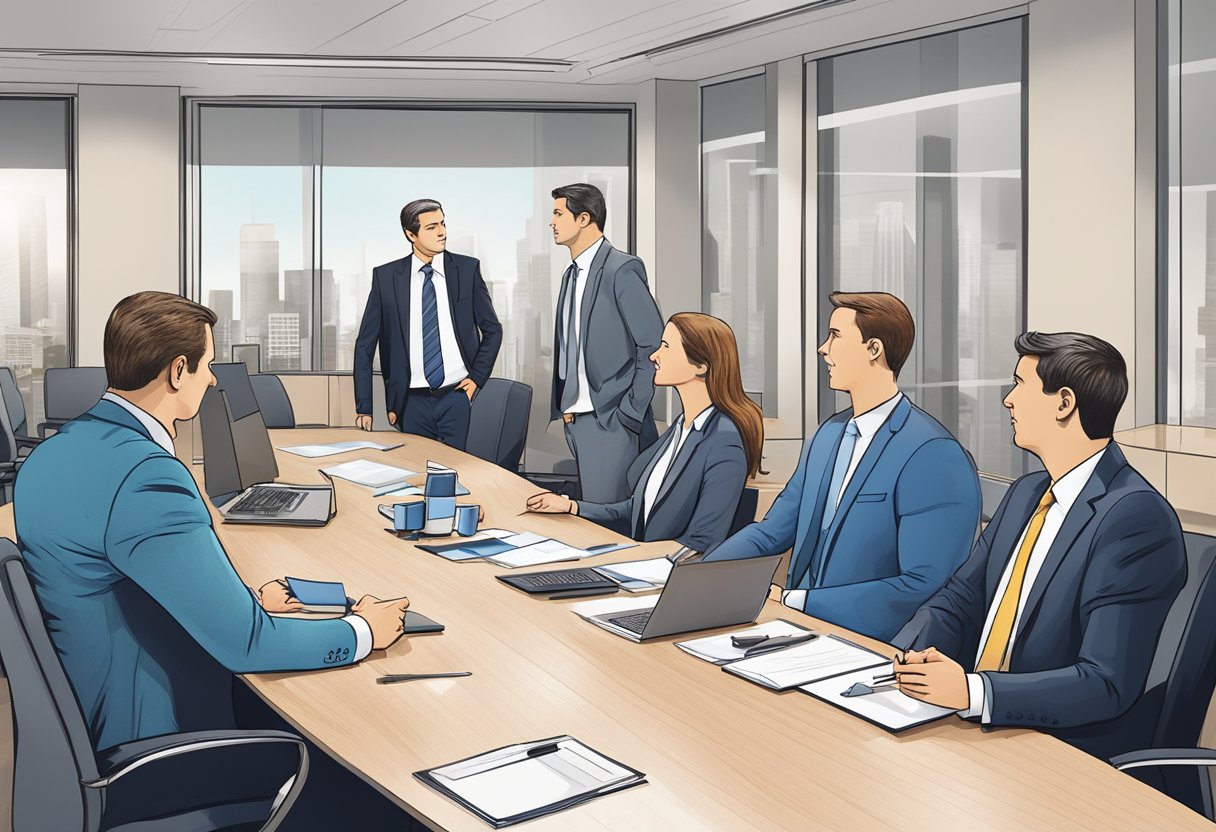 A conference room table with branded corporate gifts displayed, surrounded by executives in discussion