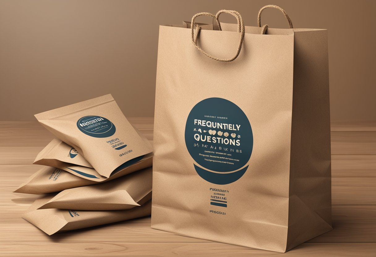 A kraft paper bag with "Frequently Asked Questions" printed on it, sitting on a wooden surface with a few other bags nearby