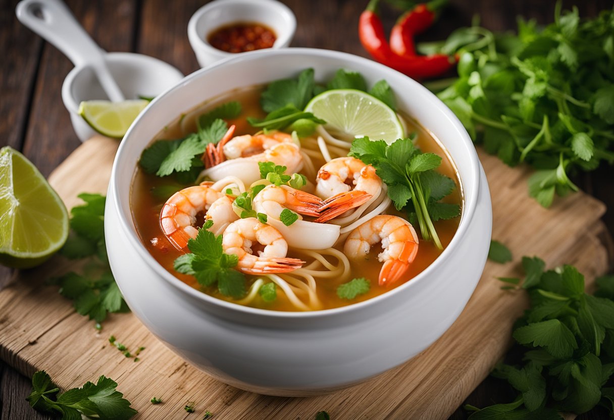 A steaming bowl of Penang prawn noodle sits on a rustic wooden table, surrounded by fresh herbs, chili, and lime. Steam rises from the rich, fragrant broth, and plump prawns float on top
