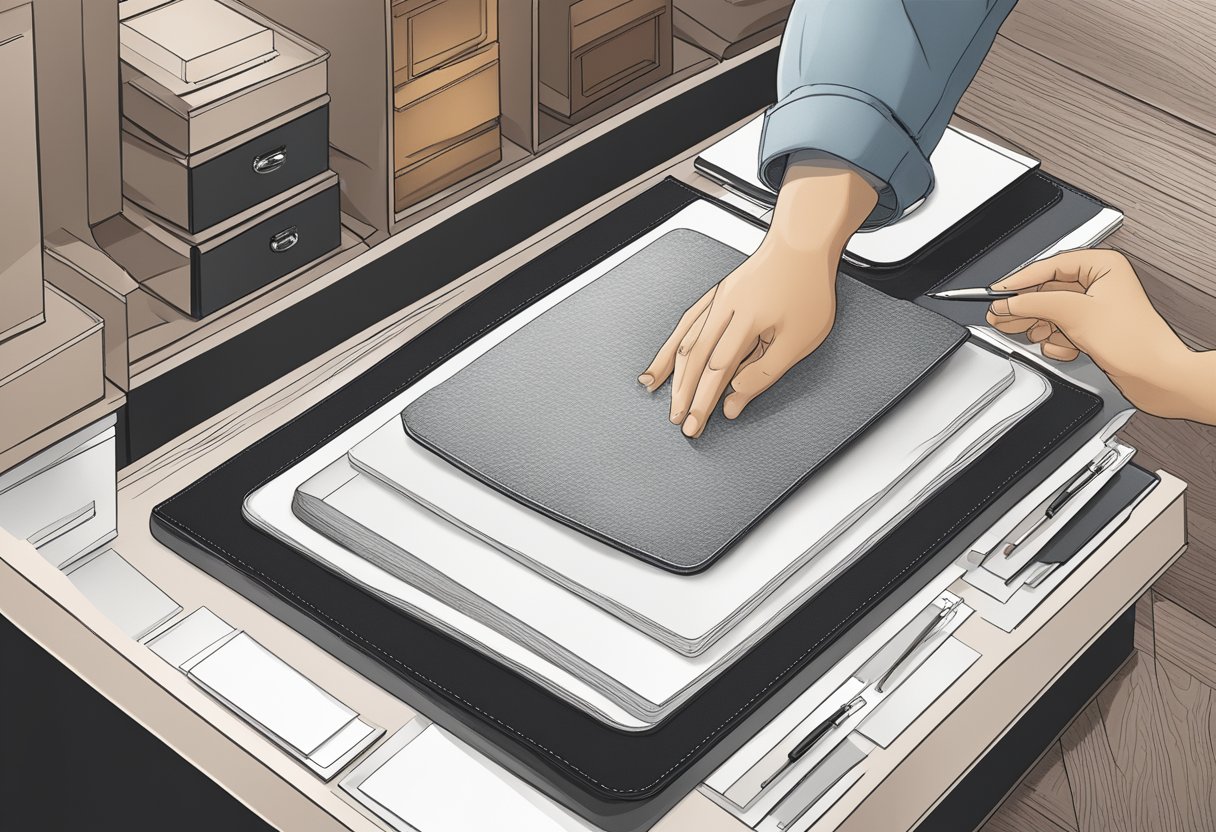 A hand reaches for a leather desk pad on a store shelf, while a customisation station shows options for embossing and color selection