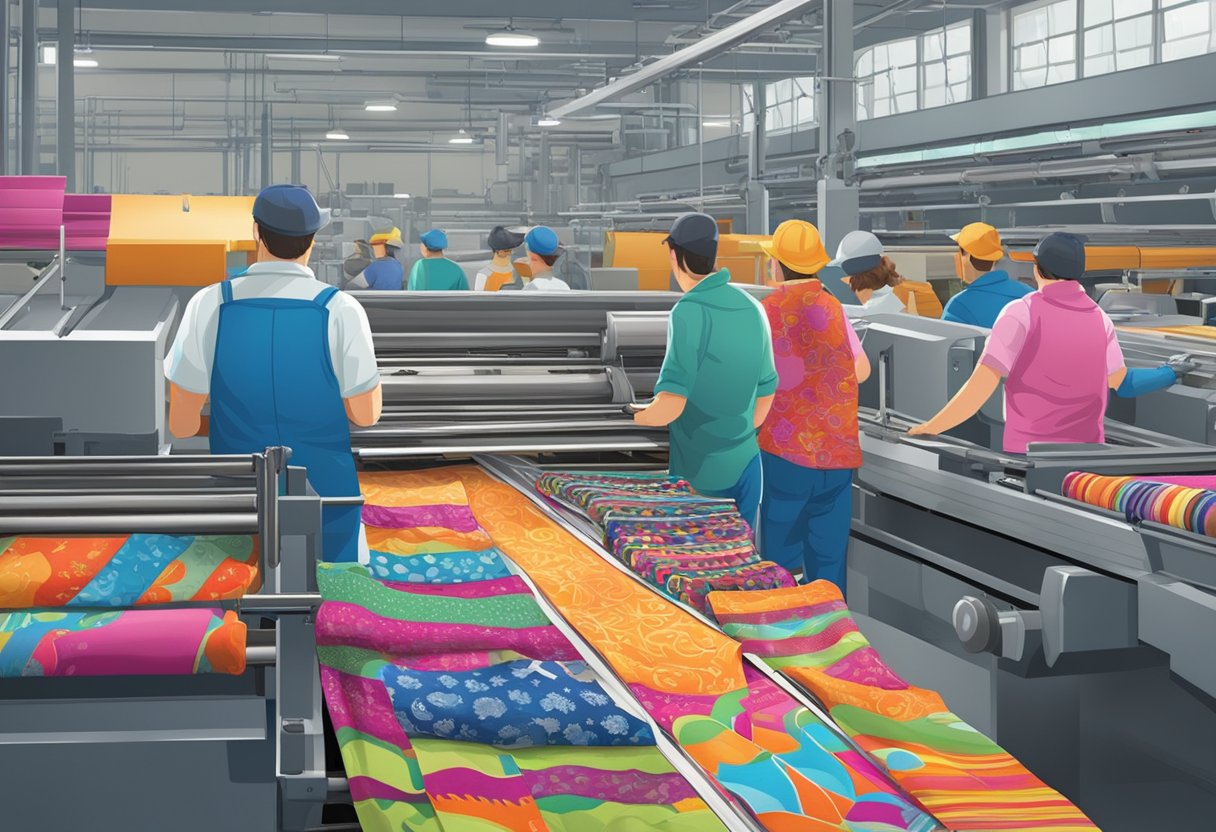 In a bustling factory, colorful socks roll off the printing press, each adorned with vibrant patterns and designs