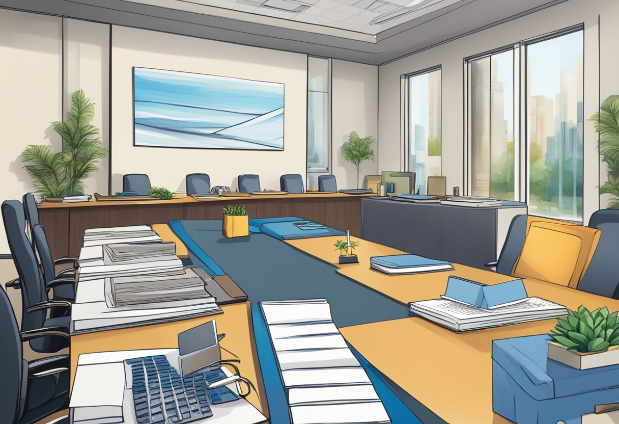 A group of corporate gifts, such as branded notebooks, luxury pens, and gourmet gift baskets, are arranged on a sleek conference table. A banner reading "Enhancing Business Relationships Through Gifting" hangs in the background