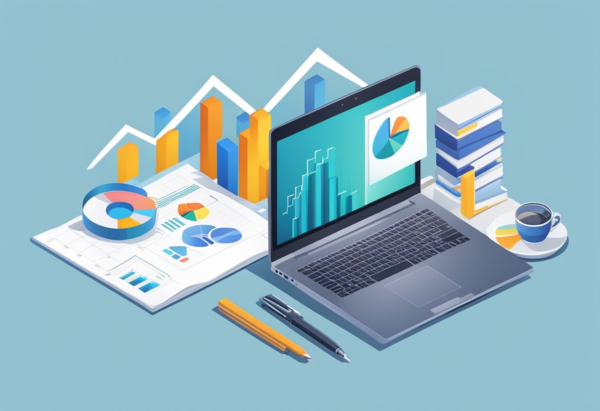 A table with a laptop, pen, and notepad surrounded by charts and graphs. A gift box with a ribbon and a corporate logo sits next to a stack of reports