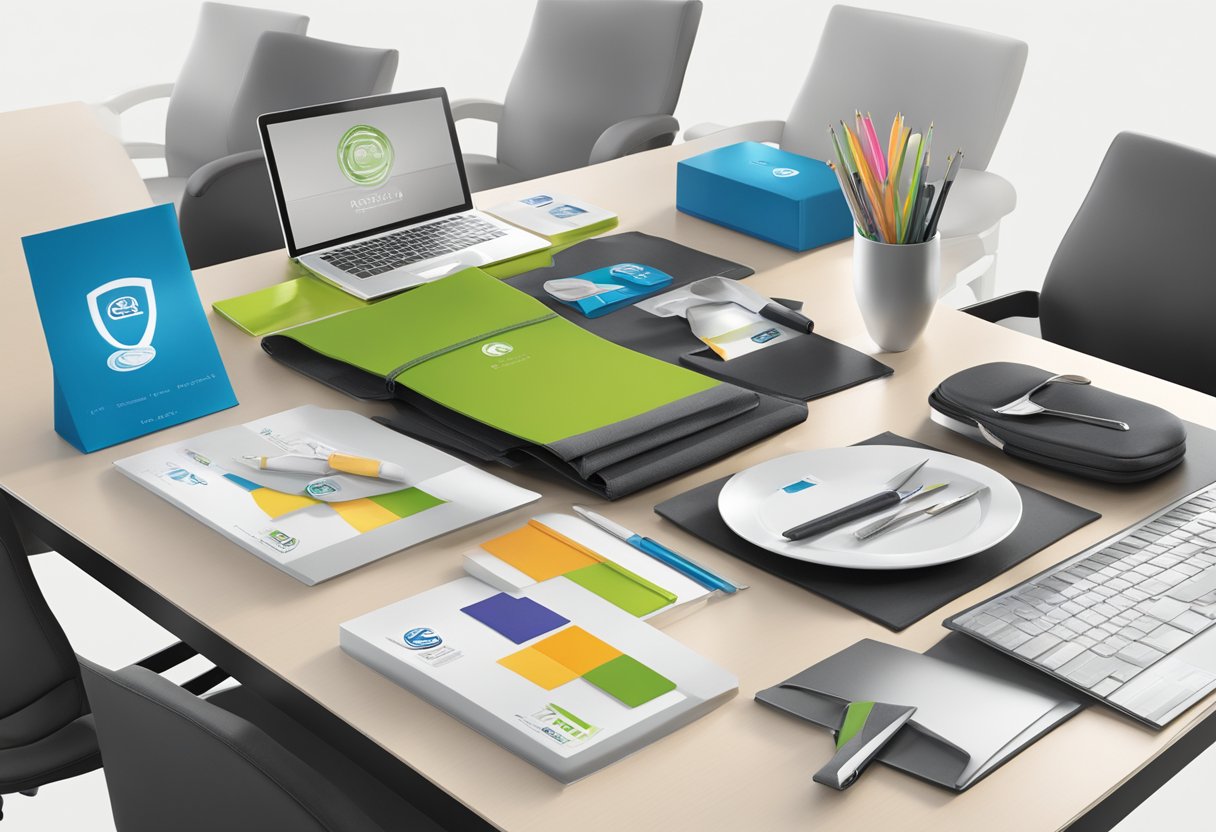 A table displays branded business gifts for corporate clients