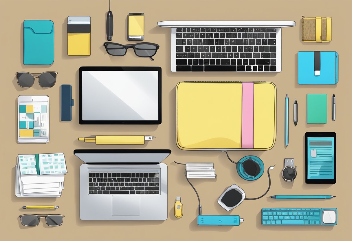 A laptop sleeve with "Frequently Asked Questions" printed on it, surrounded by scattered tech accessories and a laptop on a desk