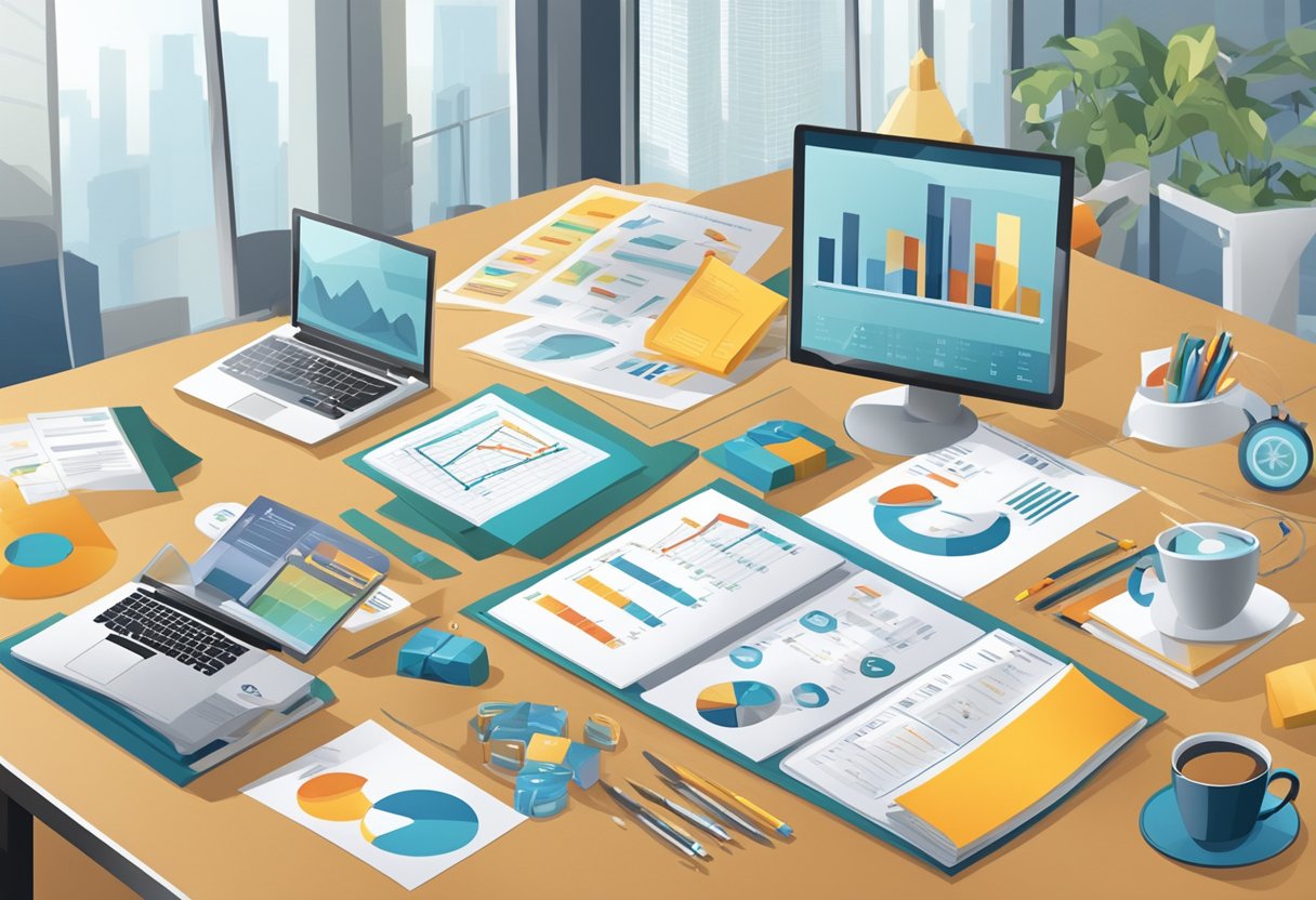 A table displaying various corporate gifts with statistical charts and graphs in the background