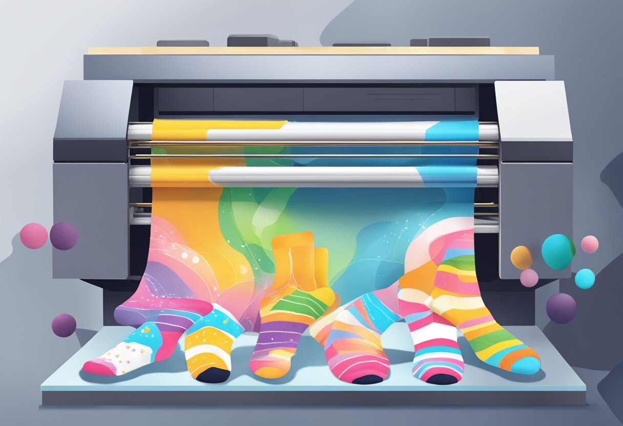 A sock printing machine in action, with colorful designs being transferred onto a pair of custom socks