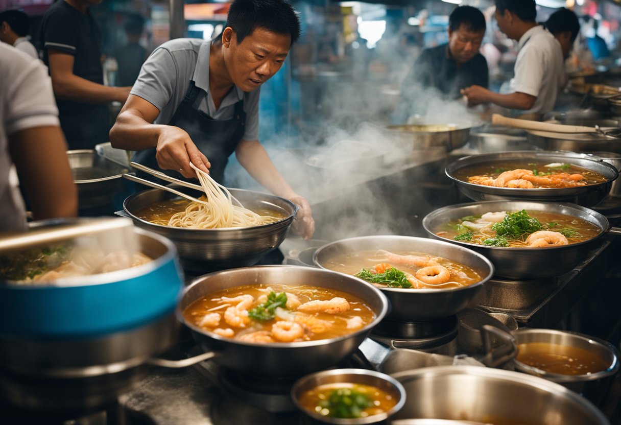 A bustling hawker stall in Penang, with steam rising from bowls of rich, spicy prawn noodle soup. A vendor expertly ladles broth over springy noodles, topping them with plump, glistening prawns and fragrant