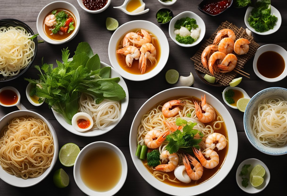 A table set with fresh prawns, noodles, broth, and various condiments for penang prawn noodle
