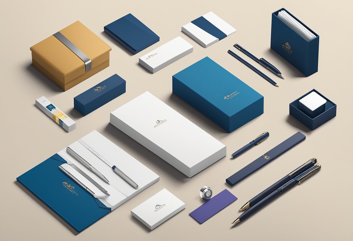 A beautifully wrapped gift box sits on a desk, surrounded by a variety of corporate branding materials such as pens, notebooks, and business cards