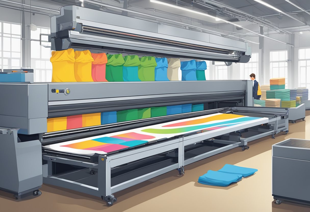 In the factory, a large industrial printer is applying colorful designs onto a conveyor belt filled with plain white socks. Finished socks are being packaged and loaded onto pallets for distribution