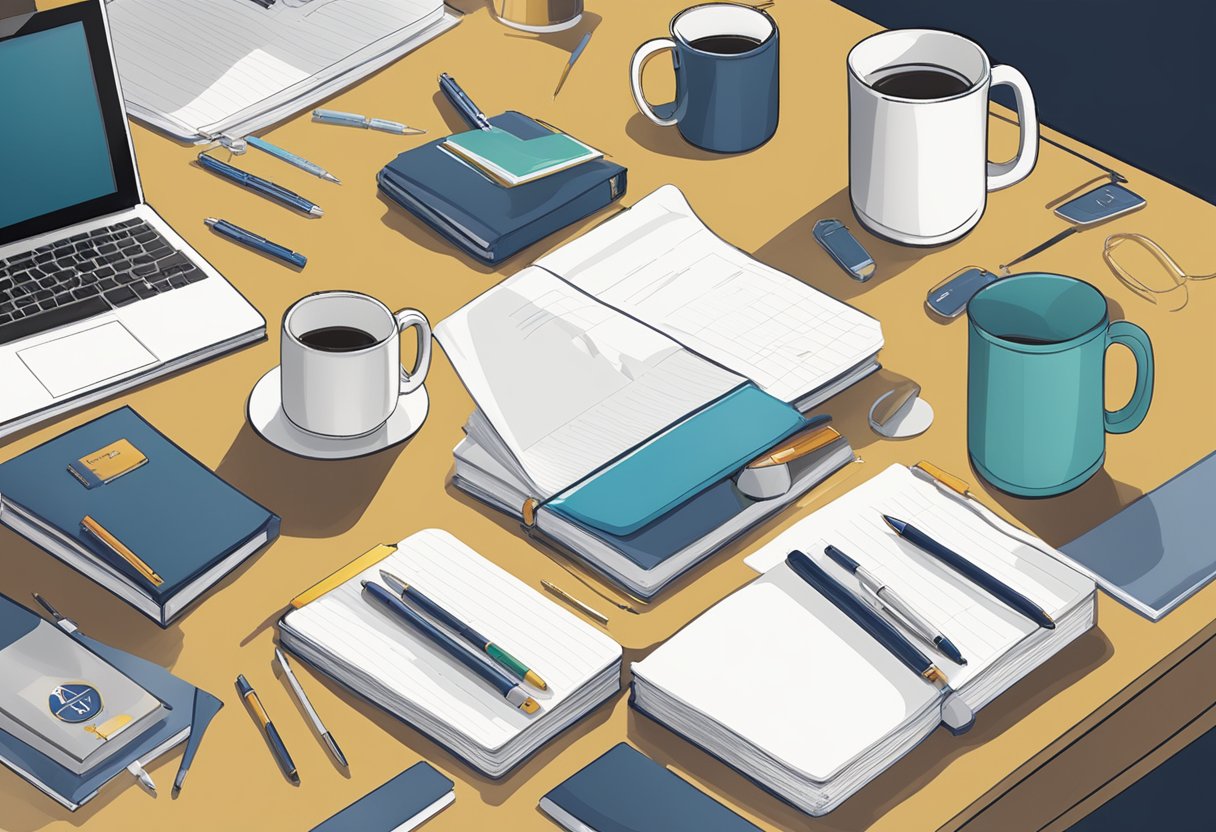 A table adorned with branded merchandise, including mugs, pens, and notebooks, displayed in a professional setting