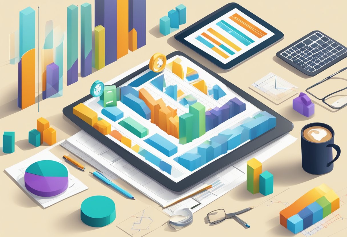 A table with branded corporate gifts arranged neatly, surrounded by data charts and graphs showing the impact of strategic gifting on business growth