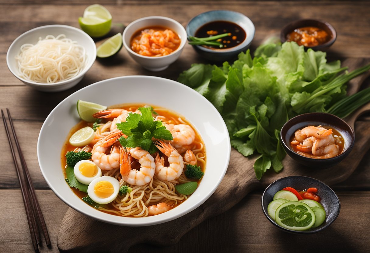 A steaming bowl of Penang prawn noodle surrounded by fresh ingredients and condiments on a rustic table