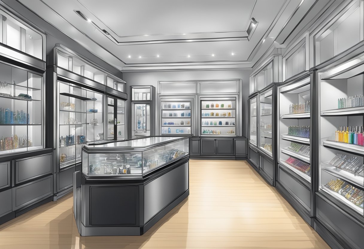 A hand reaches for a sleek, silver pen in a display case, surrounded by other premium corporate gifts at a pen gift shop