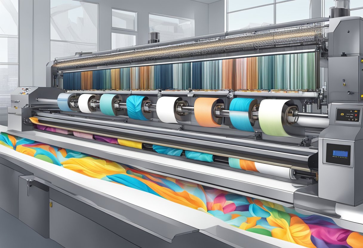 A sock printing machine in action, with colorful designs being transferred onto the fabric