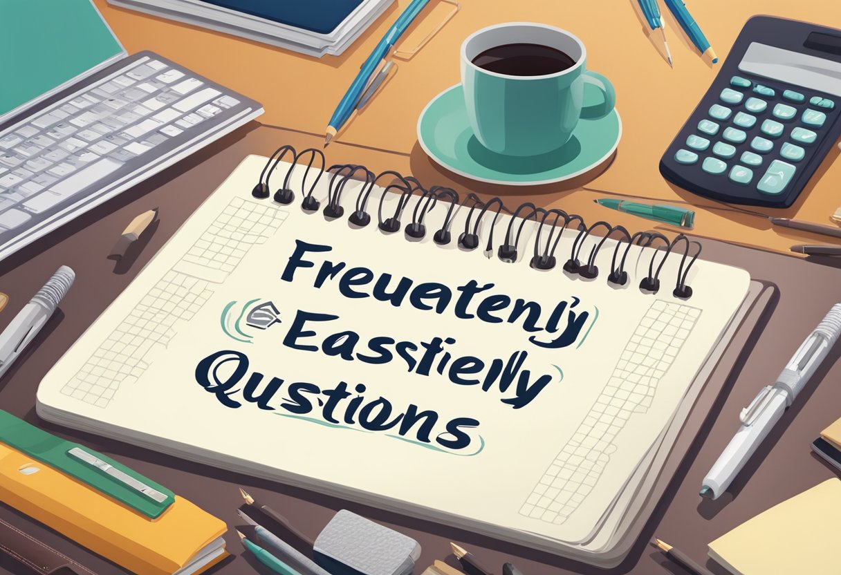 A leather desk pad with "Frequently Asked Questions" printed in bold, centered text, surrounded by various office supplies like pens, notebooks, and a computer
