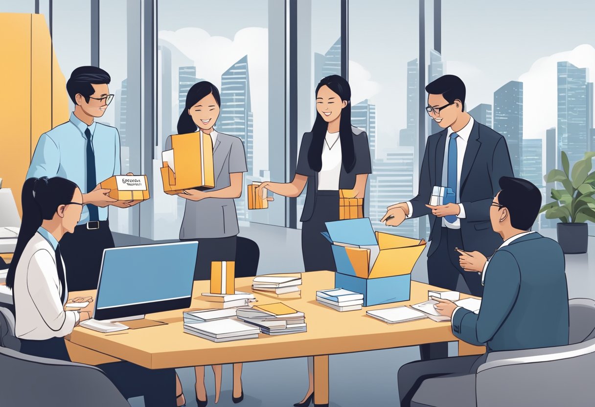A group of business professionals exchanging branded gifts in a modern office setting in Singapore. Products such as custom stationary, tech gadgets, and luxury items are being presented and received with enthusiasm
