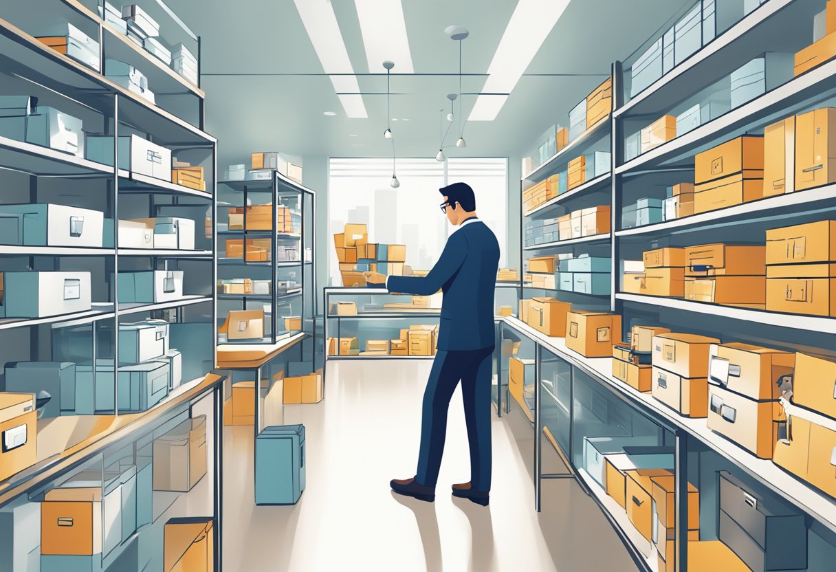A person selecting and sourcing corporate gifts from a variety of options displayed on shelves and tables in a well-lit, modern office setting