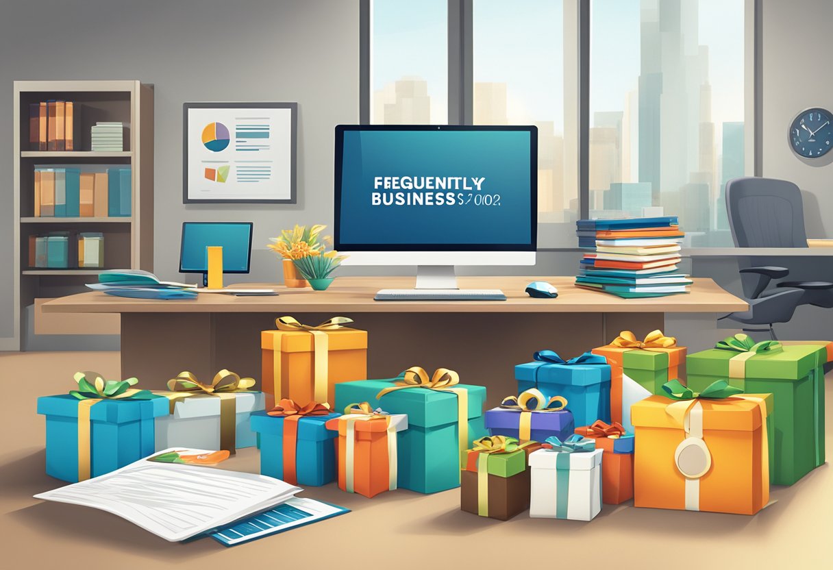 A table with branded gifts and a sign reading "Frequently Asked Questions: Business Gifts Corporate" displayed in a professional office setting