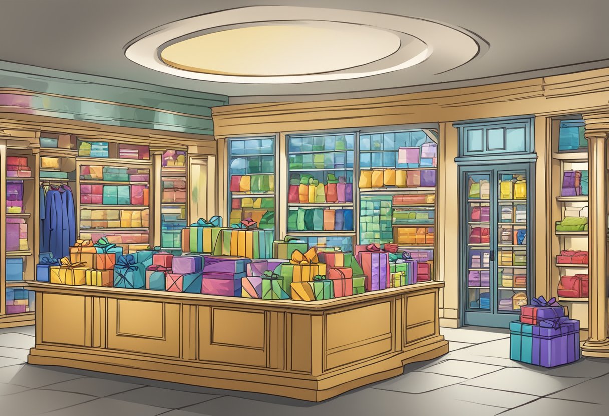 A colorful display of premium corporate gifts in a gift shop, with the words "Frequently Asked Questions" prominently featured