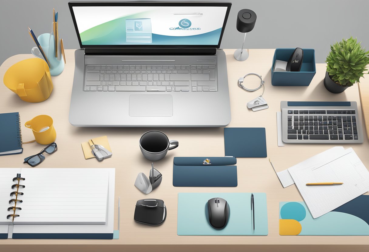 A sleek, modern office desk adorned with personalized corporate gifts and branding solutions. Customized stationery, branded tech accessories, and logoed drinkware are neatly displayed