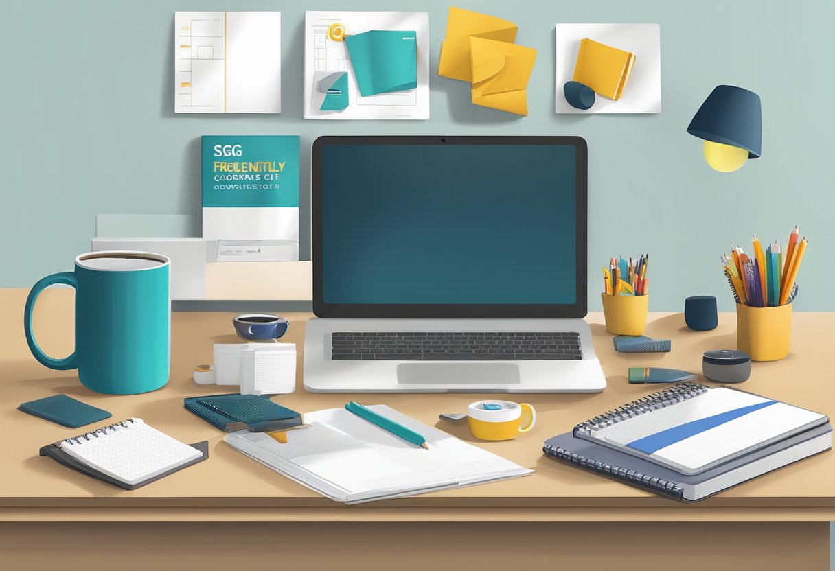 A table with various corporate gifts displayed, including branded mugs, pens, and notebooks. A sign reads "Frequently Asked Questions sg corporate gifts."