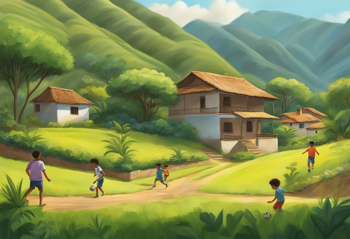 Eduardo Garcia's childhood home, a small adobe house nestled in the lush green hills of Colombia. A young boy playing soccer with friends in a sun-drenched field, surrounded by towering mountains